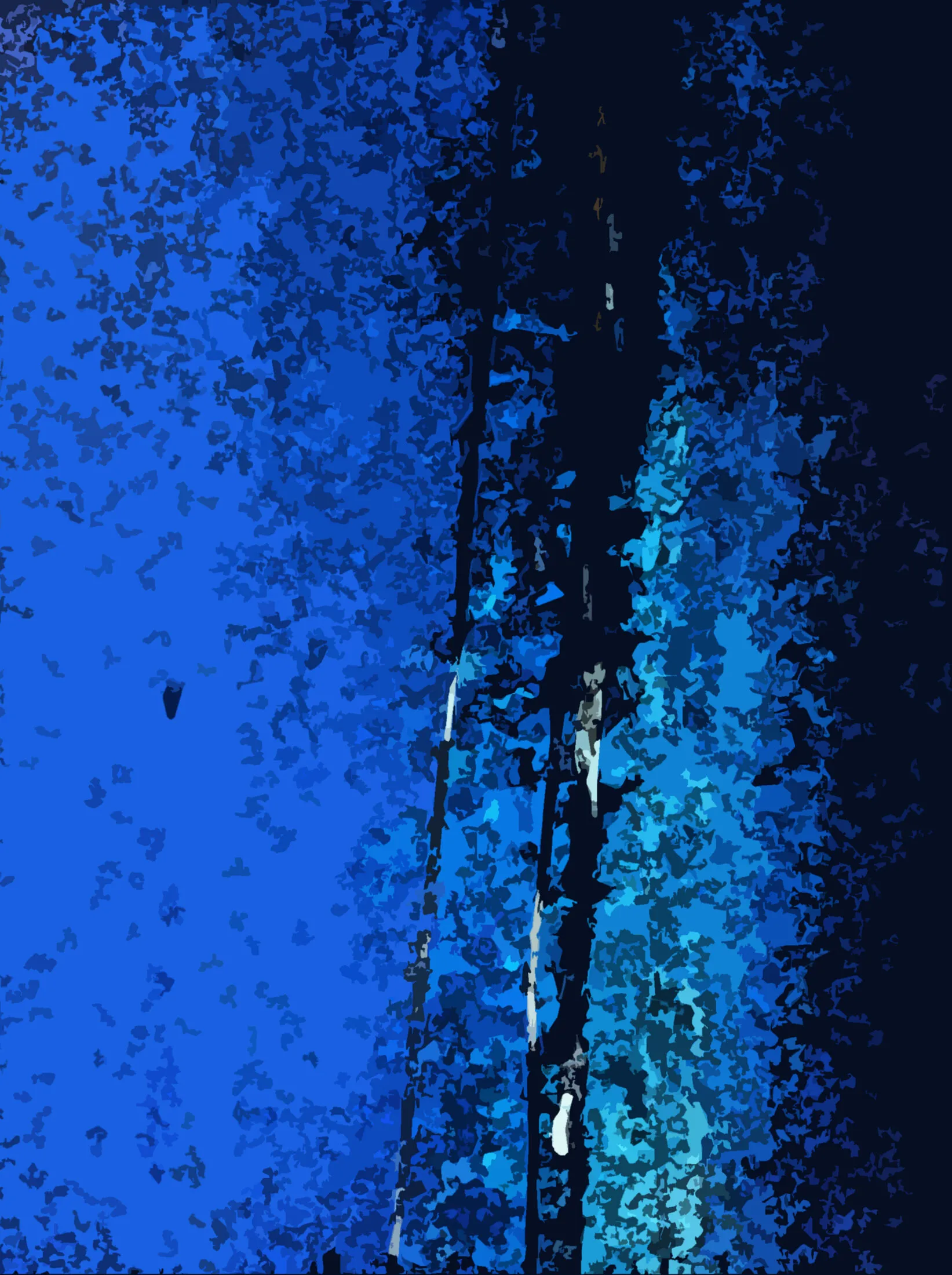 Œuvre numérique abstraite : champ bleu cobalt fendu de failles sombres et de turquoise
