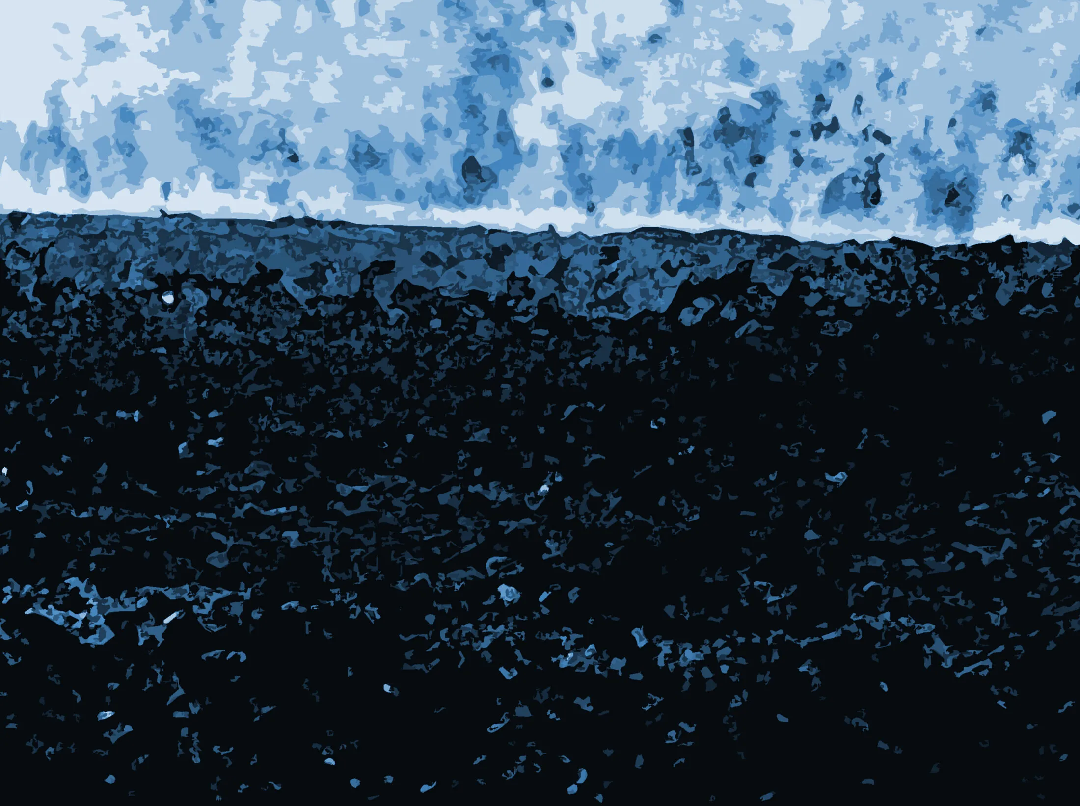 Œuvre numérique abstraite : un ciel piqueté de bleu surplombe une masse sombre, ligne d'horizon nette